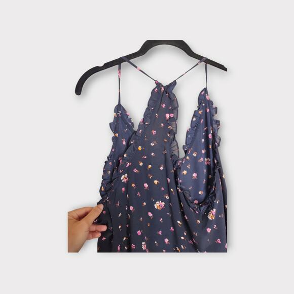 Rebecca Taylor Womens Mia Floral Silk Camisole Ruffle Trim Navy Blue 10 Romantic - Picture 10 of 10